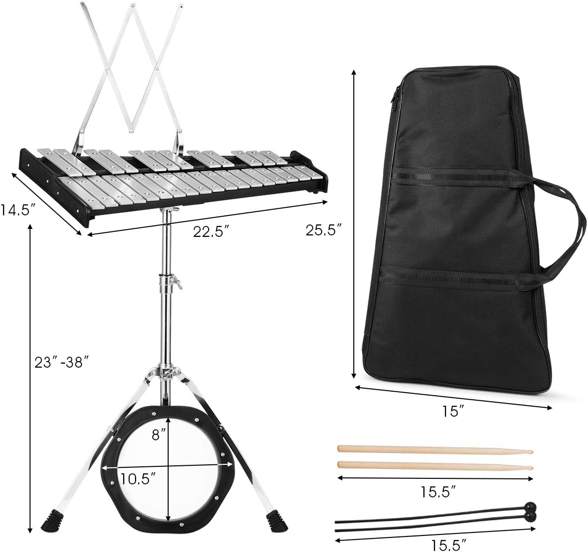Giantex Percussion Glockenspiel Bell Kit 30 Notes, with Electroplated Adjustable Height Frame, Music Stand, an 8 Practice Pad, and a Pair of Bell Mallets & Wooden Drumsticks, Carrying Bag