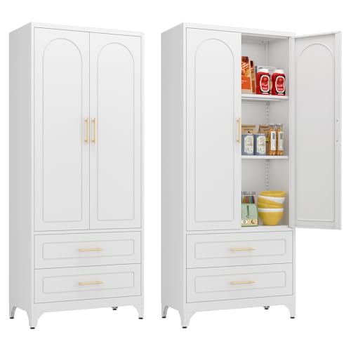 Metal Storage Cabinet with Doors and Shelves, 71 Inch Tall Kitchen Pantry Cabinet, Pantry Cabinets for Kitchen Storage, Freestanding Cupboard for Living, Dining Room, White, Assembly Required
