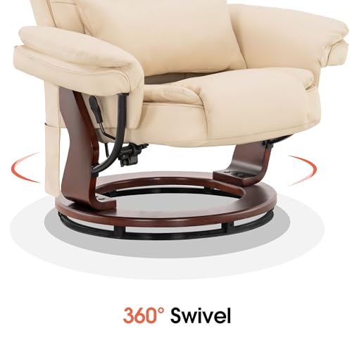MCombo Recliner with Ottoman Chair Accent Recliner Chair with Vibration Massage, Removable Lumbar Pillow, 360 Degree Swivel Wood Base, Faux Leather 9096 (Cream White)