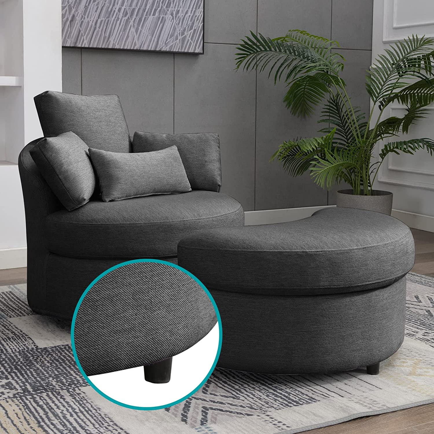 BALUS Modern Swivel Accent Barrel Sofa Chair, with Half Moon Storage Ottoman, Linen Fabric Leisure Round Chair,Sofa Lounge Chair with 3 Throw Pillow for Living Room Hotel/Club (Dark Grey)