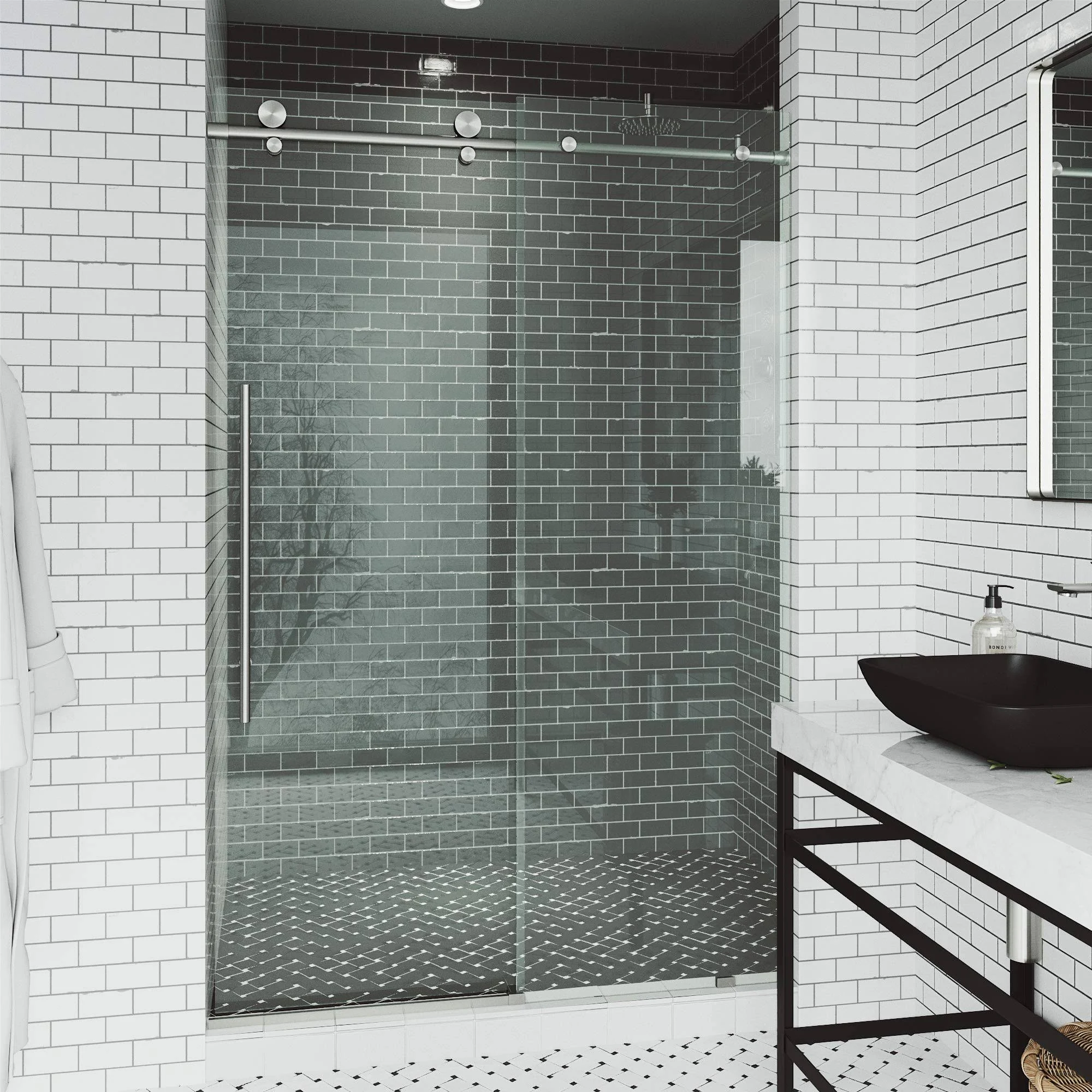 Vigo Elan E-Class 48 in. x 76 in. Frameless Sliding Shower Door in Stainless Steel with Clear Glass