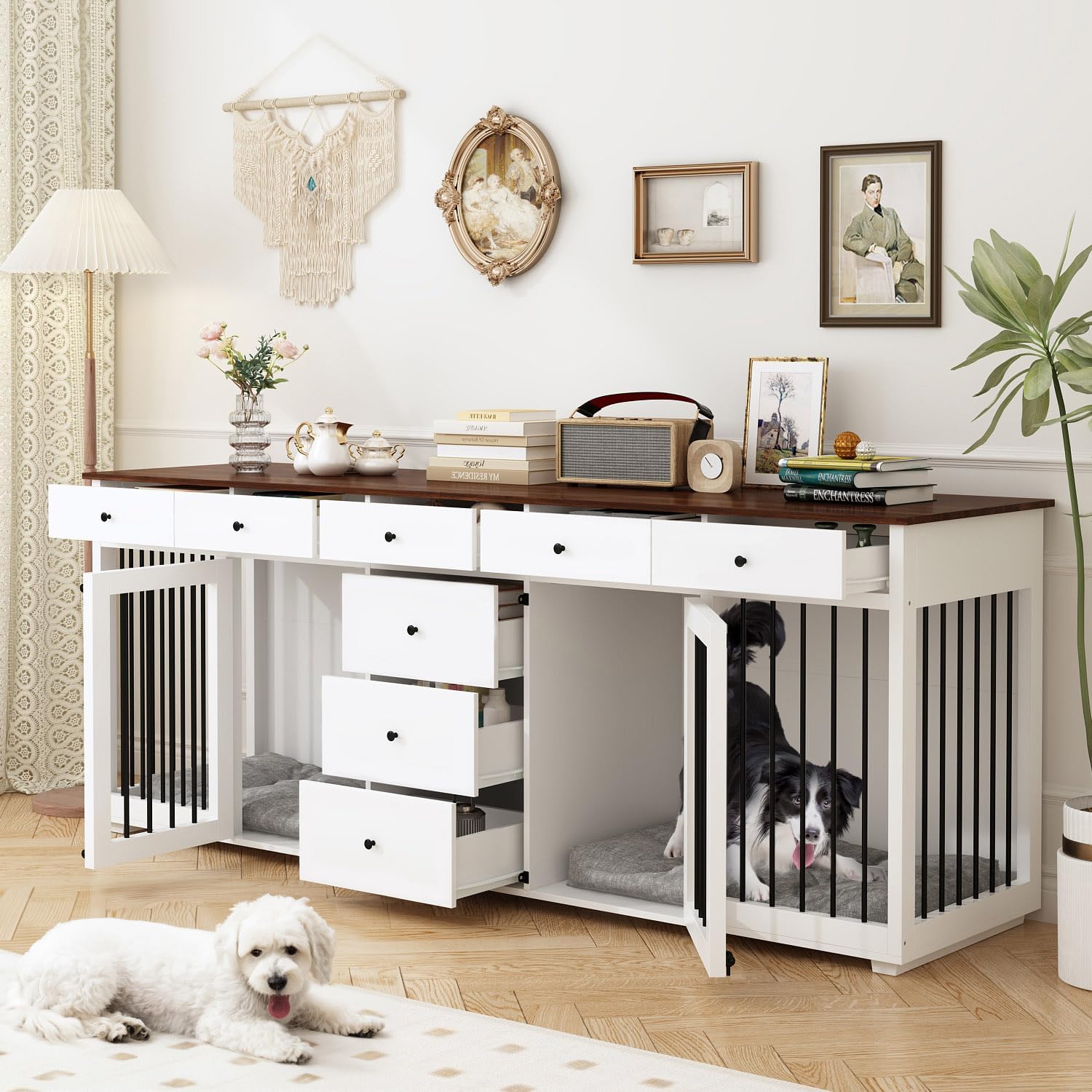 Lovinouse Large Dog Crate Furniture for 2 Dogs, 89" Heavy Duty Wooden Dog Kennel with 8 Drawers, Indoor Furniture Style Dog Kennel with Double Rooms for Large Medium Dogs, White