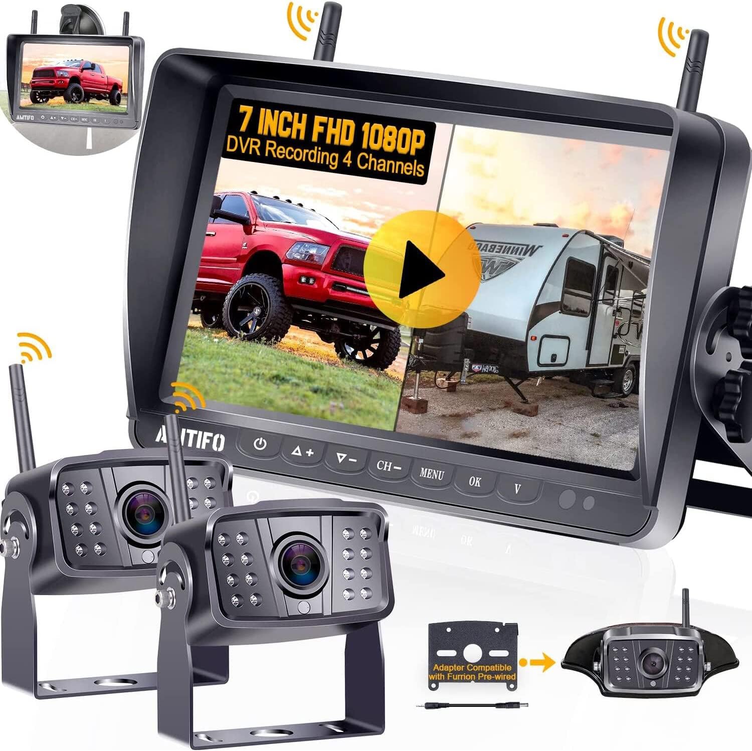 RV Backup Camera Wireless HD 1080P Bluetooth 2 Travel Trailer Rear View Cam System 7 Inch DVR Monitor Truck Camper Infrared Night Vision Reverse Cameras Adapter for Furrion Pre-Wired RVs AMTIFO A9