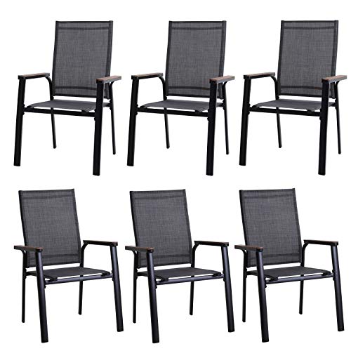 PHI VILLA Outdoor Stackable Dining Chairs Set of 6（Beige,Lightweight Aluminum Frame with Textilene Fabric & Wider Armrest,Easy to Store,Outdoor Chairs for Garden,Lawn