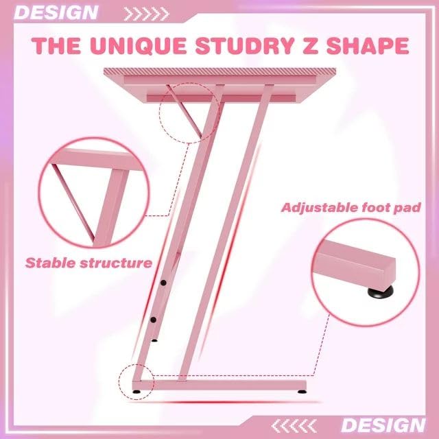 L Shaped Gaming Desk, 47 Inch Computer Corner Table with Large Monitor Stand & Carbon Fiber Surface for Home Office Study Writing Workstation, Pink