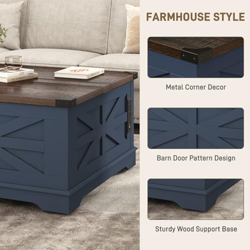 36" Farmhouse Movable Lift Top Coffee Table with Storage and Power Outlets, Square Wood Living Room Tables with Wheels&Large Hidden Space, Lift Wooden Barn Door Center Table, White