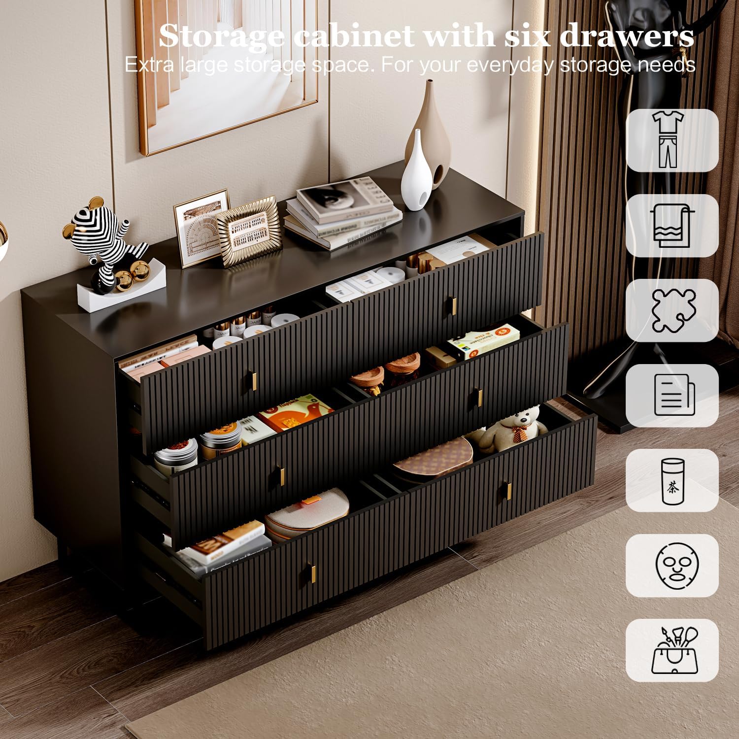 Black 6 Drawer Dresser for Bedroom, Large Double Dresser with Wide Drawers, Modern Chest of Drawers,Storage Organizer Dresser,for Living Room, Hallway, Bedroom