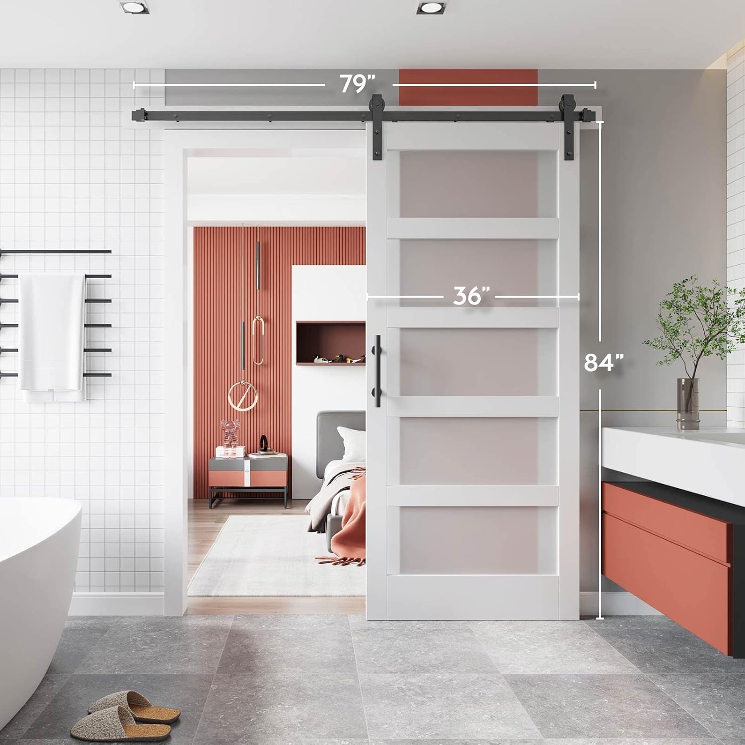 EaseLife 36in x 84in Glass Barn Door with 6.6FT Sliding Door Hardware Kit Included & Handle,Solid MDF Inside Covered with Water-Proof PVC Surface,5-Panel Glass,White