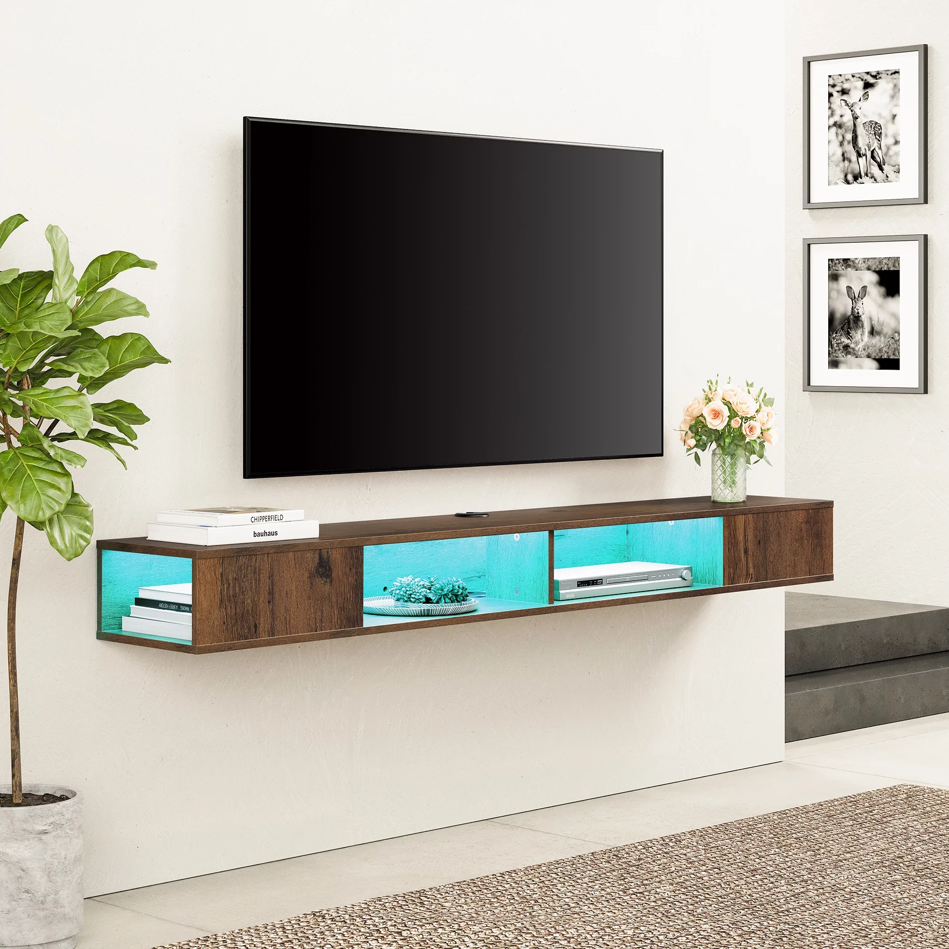 Floating TV Stand Wall Mounted with 16-Color Lights for 65/75/80 Inch TV, Floating Entertainment Center Storage Shelf Living Room, Brown