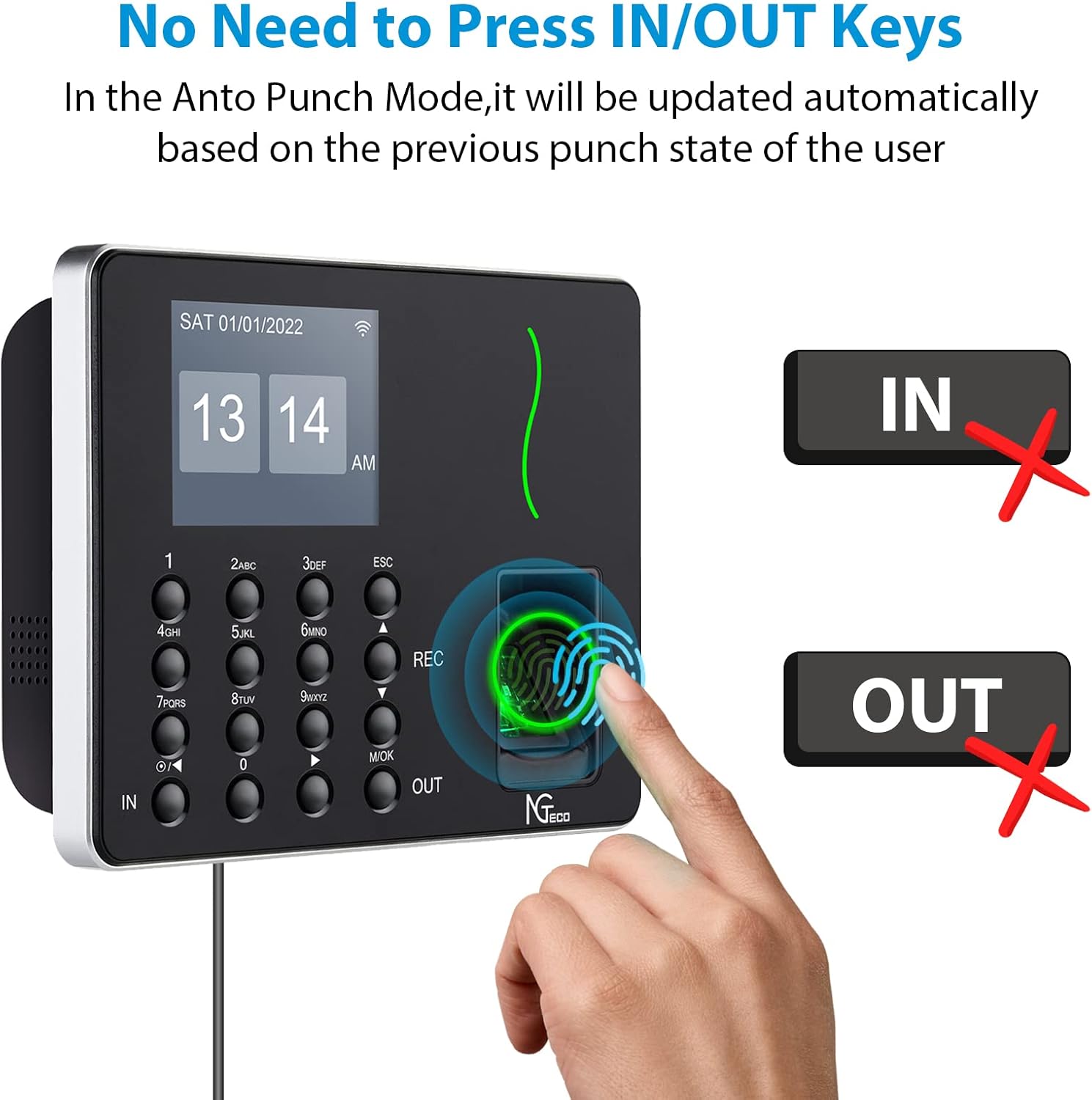 Time Clocks for Employees Small Business, NGTeco W3 WiFi Biometric Fingerprint Time Card Machine, Office Punch Clock Automatic in and Out with APP for iOS Android (0 Monthly Fees)