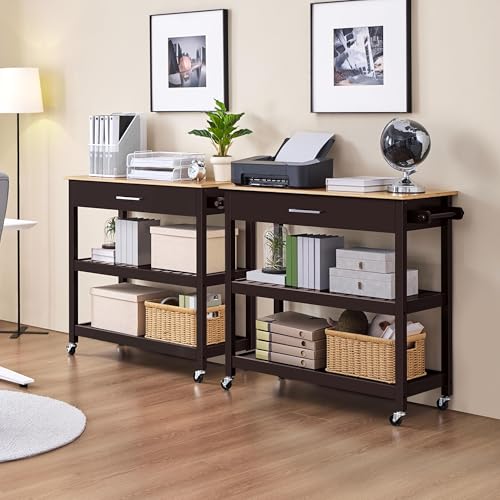 Yaheetech Kitchen Island Cart on Wheels with Bamboo Tabletop, 3-Tier Rolling Kitchen Island Microwave Cart with Drawer, Detachable Towel, 3 Hooks, 17" D x 37.5" W, White