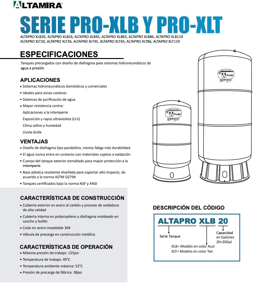 ALTAMIRA PRO XLB Series 20 Gallon Diaphragm ALTAPRO XLB20 Prefilled Hydraulic Systems Tank