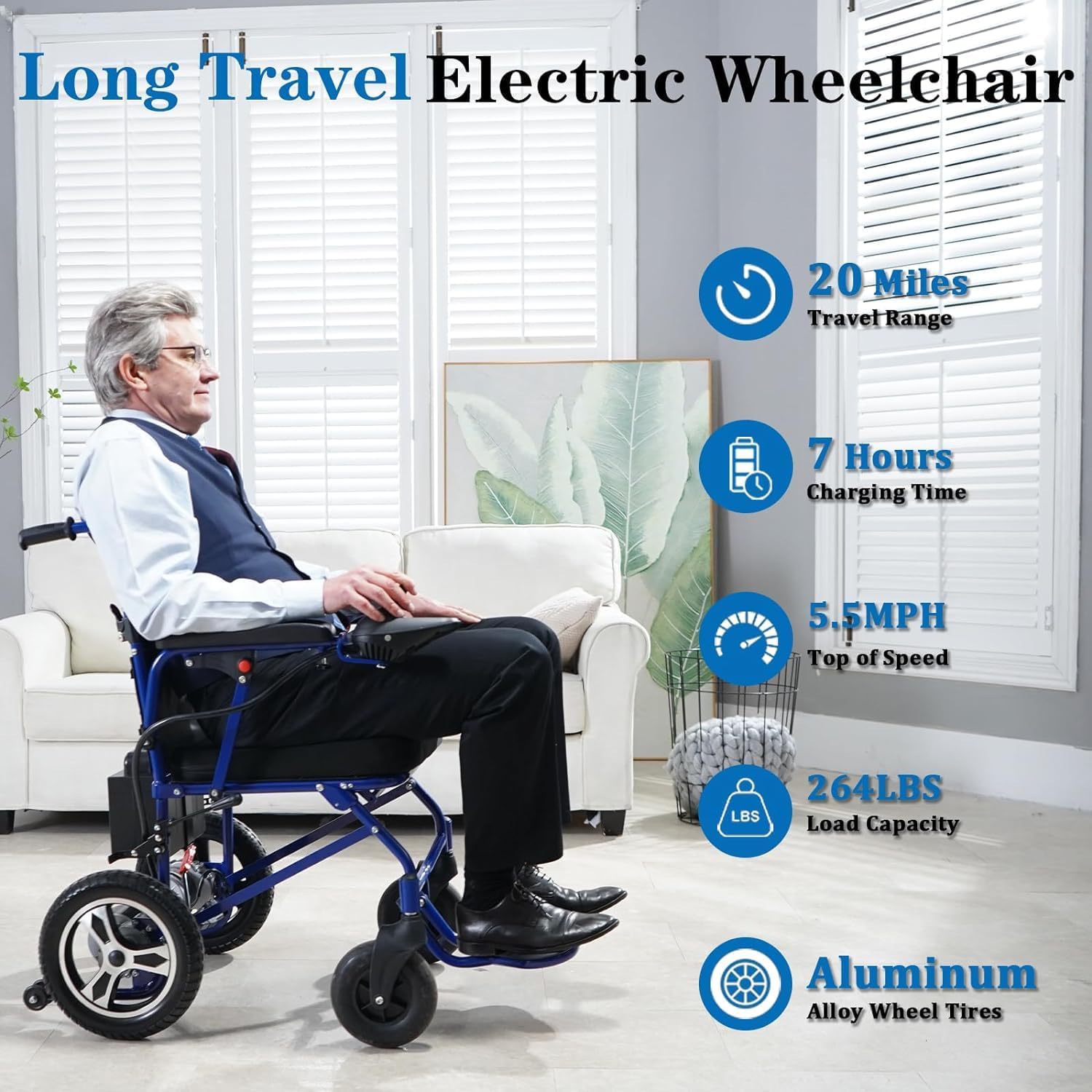 Electric Wheelchairs for Adults Lightweight Foldable, 20 Miles Lightweight Foldable Motorized Wheelchairs Power Portable Wheelchair, 500W Motor,Black