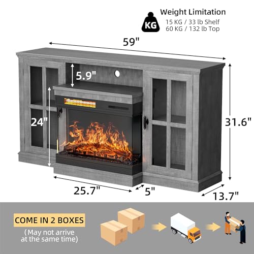 YESHOMY Glass Fireplace TV Stand for Televisions up to 65", Media Entertainment Center Console Table with Doors Closed Storage, Gray