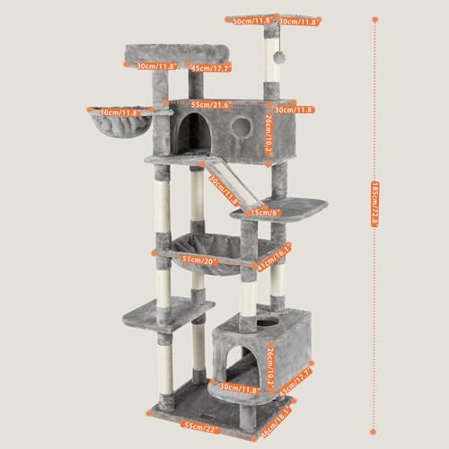 73 inches Large Cat Tree for Indoor Cats, Tall Cat Tower with Sisal Scratching Posts and Pads, Padded Plush Perch, Cozy Basket, Plush Condo for Large Cats, Beige