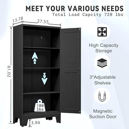 75.2" Tall Metal Pantry Cabinet, Storage Cabinets with 4 Door and 4 Adjustable Shelves, Black Kitchen Pantry Storage Cabinet, Freestanding Cupboard for Kitchen Dining Room Living Room Bathroom