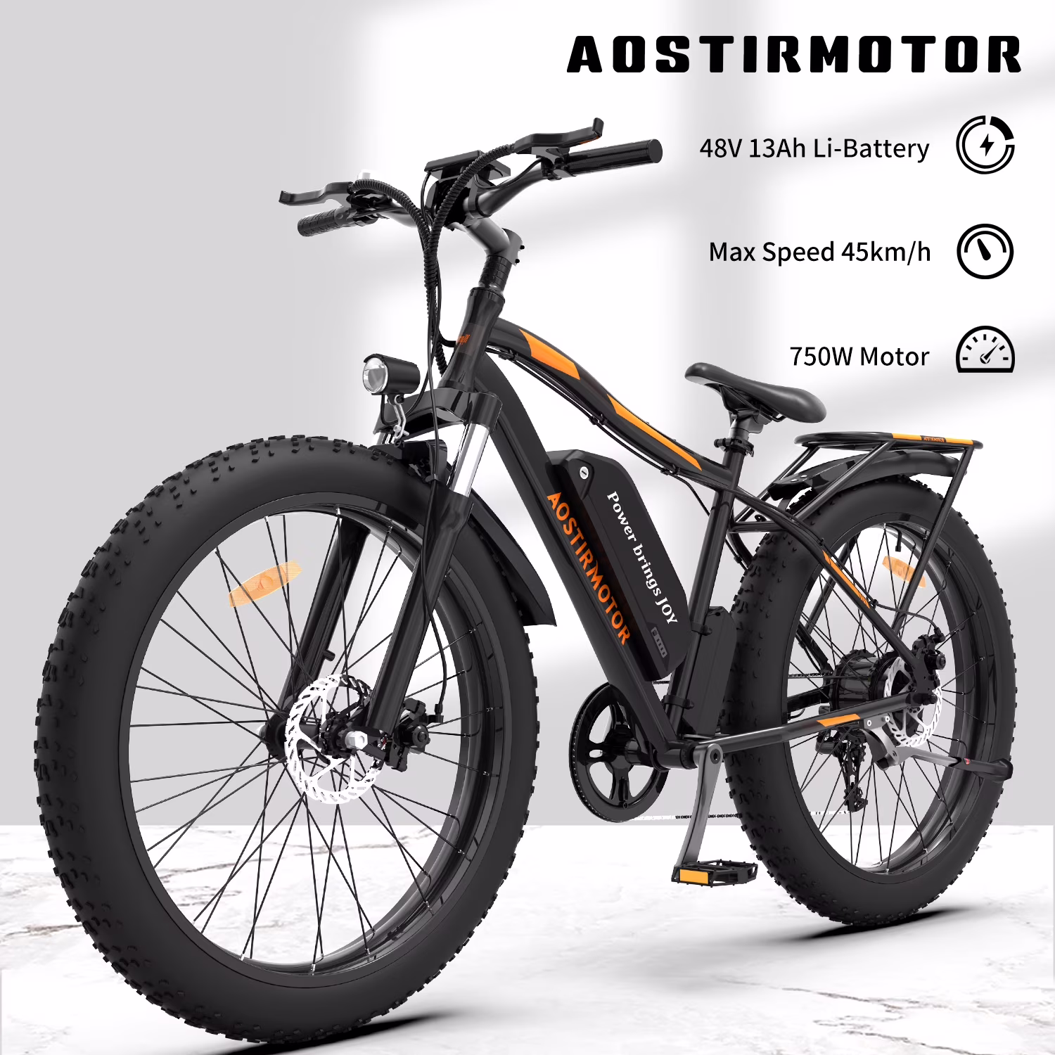 Aostirmotor Electric Mountain Bike, 749W Motor 48V 13AH Removable Lithium Battery Ebike with Rack, 26" 4.0 inch Fat tire Bike, Electric Bicycle for Adults(Black)