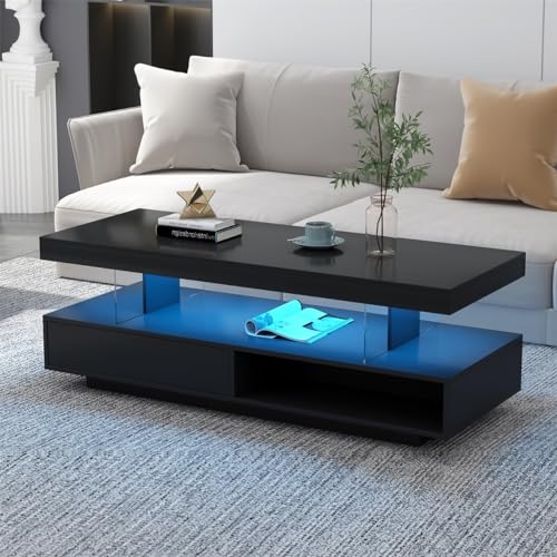 LED Coffee Table with Drawer, Modern High Gloss Coffee Table with 2-tiers Storage, Living Room Table (Black)
