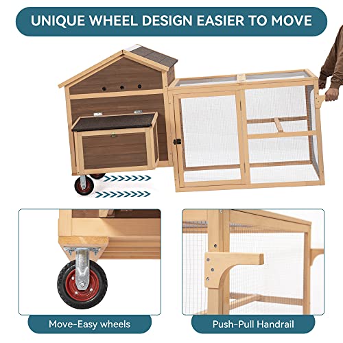 Chicken Coop, Mobile Hen House with Removable Bottom and Wheels &Handrails,Mobile Rabbit Hutch Indoor Outdoor, Easy Cleaning& Assemble, Wooden Hen House for Chick, Bunny,Duck