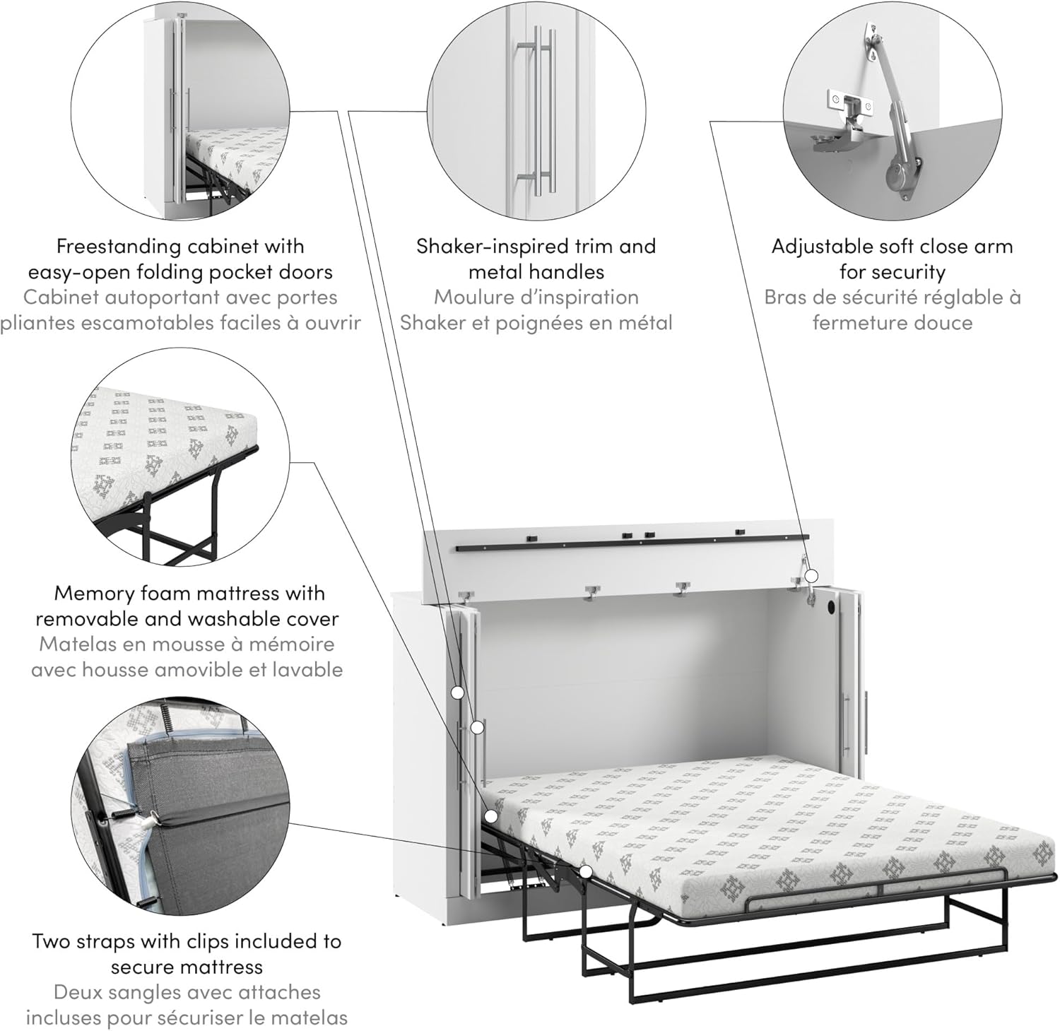 Bestar Pur 69W Murphy Cabinet Bed with Mattress, Space-Saving Sleeping Arrangement for Multipurpose Guest Room or Home Office, Full, White