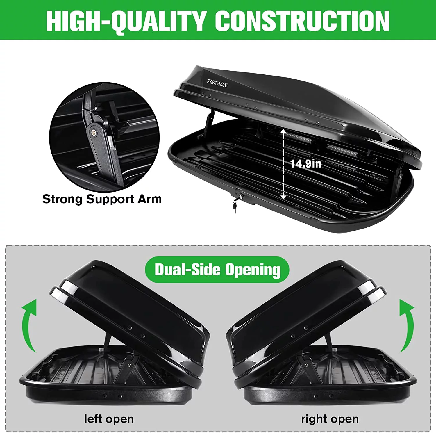 Large Hard Shell Carriers Rooftop Cargo Box with Key Lock 62 (L) x 31 (W) x 15(H) 15 Cubic Feet, Waterproof Heavy Duty Universal Roof Rack Tool-Free Install, Black