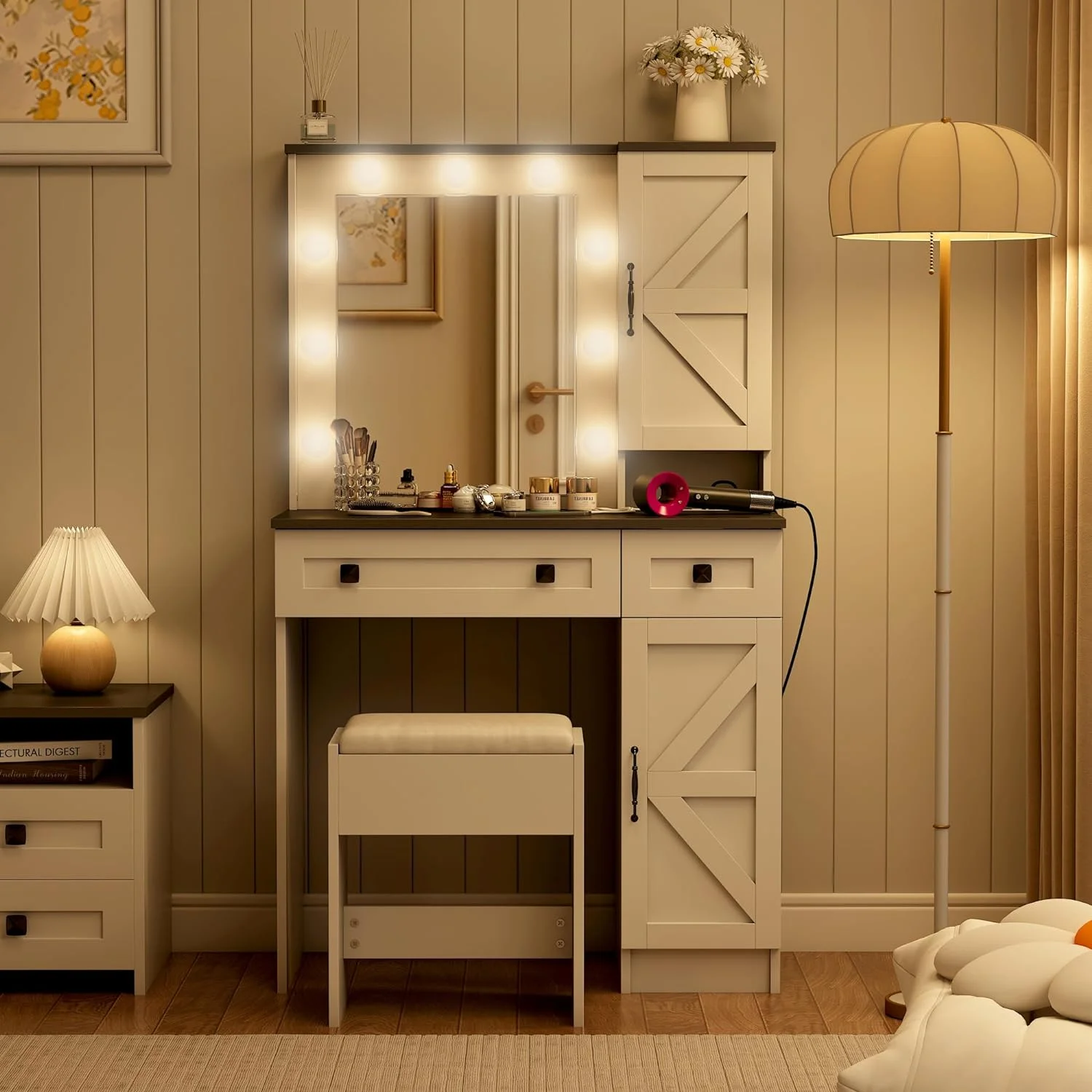 Wanan 31.5" Makeup Vanity Desk with Lights,  Farmhouse Vanity Table and Bench Set with Power Outlet