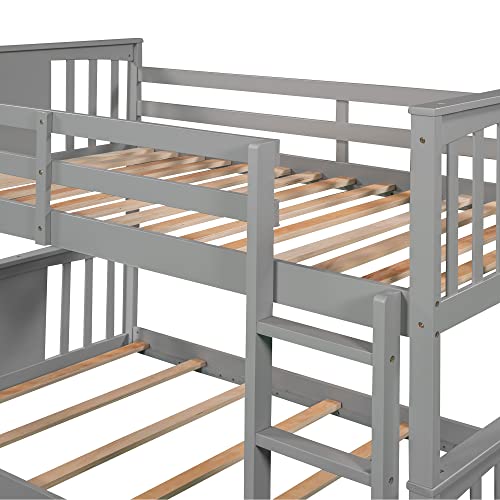 Harper & Bright Designs Low Bunk Bed for Kids Teens, Solid Wood Twin over Twin Floor Bunk Beds with Ladder and Guard Rail (New, Gray)