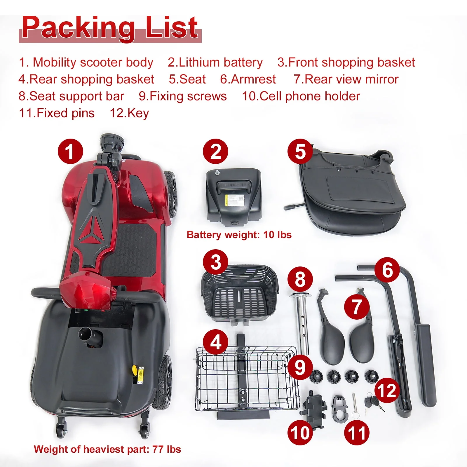 Mihayo 25 Mile Range Travel Foldable Electric Mobility Scooters for Adults,4 Wheel Power Motorized Scooter for Seniors 4-Piece Set 330 lbs Weight Capacity,Red Mirage S1