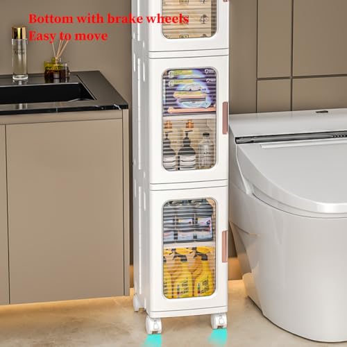 Narrow Slim Bathroom Storage Cabinet With Adjustable Shelves Bathroom Floor Cabinet Tall, Freestanding Rolling Waterproof Organizer With Drawers And Handles For Small Space(/White B 4 Tier,24.5cm)