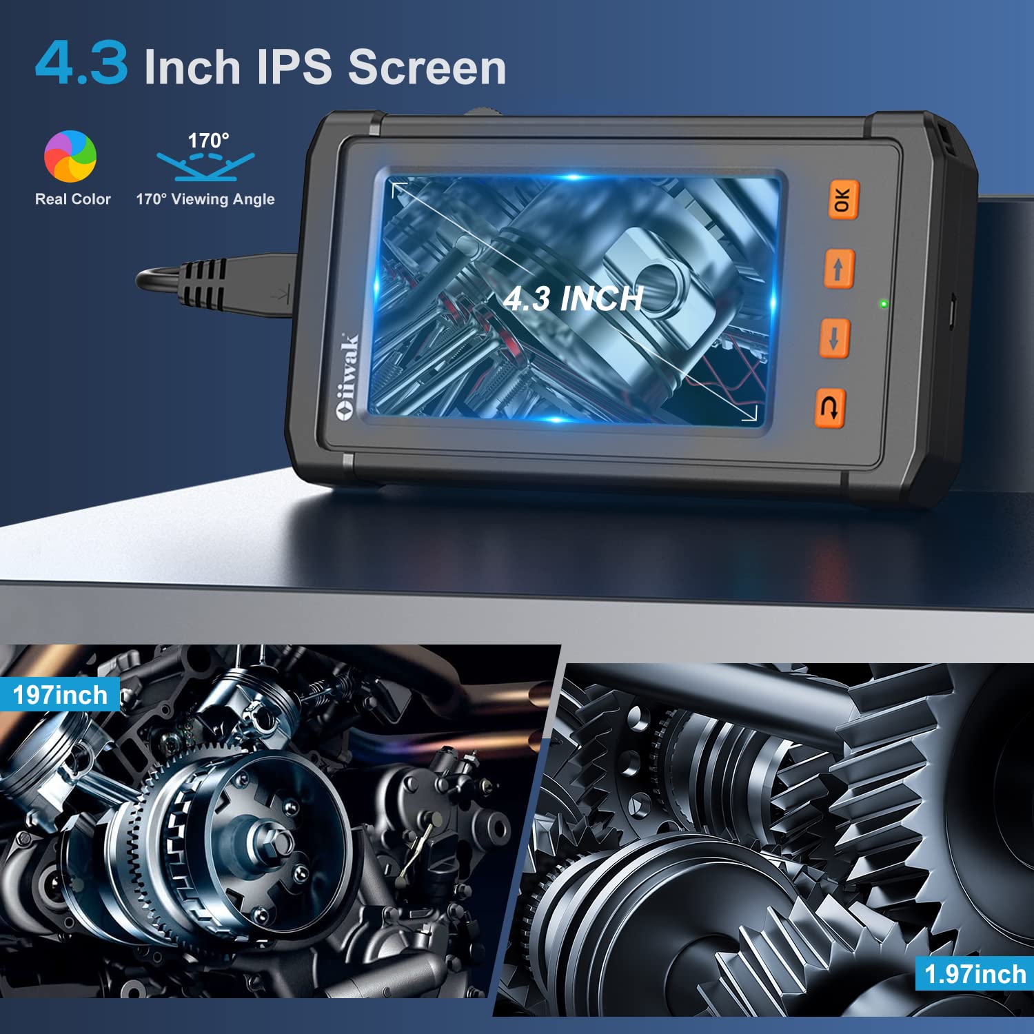 Oiiwak 16.5FT Autofocus Borescope Inspection Camera Upgraded 5MP 1944P HD Industrial Endoscope 4.3'' IPS Screen Pipe Wall Automotive Scope Camera Waterproof Snake Camera with 8 LED Lights,32GB Card