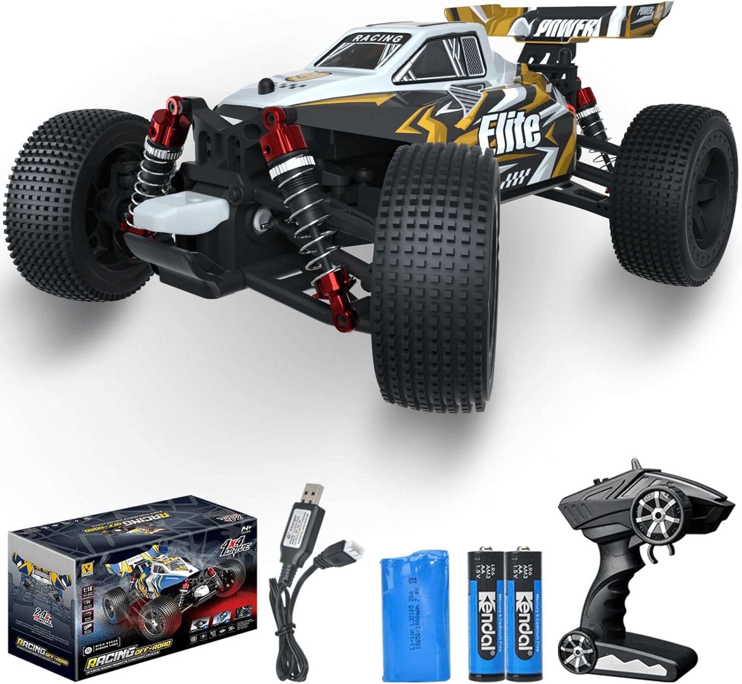 RC Truck All Terrain RC Car 1:16 Scale High Speed 45 KPH 4WD Offroad Waterproof for Adults, Boys and Girls, Included 2 Battery for 40+Min Play, Yellow