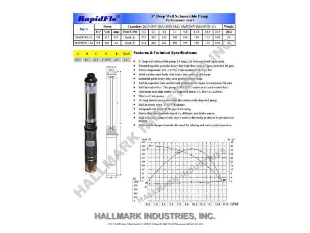 Submersible Pump, 3" Deep Well, 3/4 HP, 230V, 13 GPM, 247 ft Max, Heavy Duty