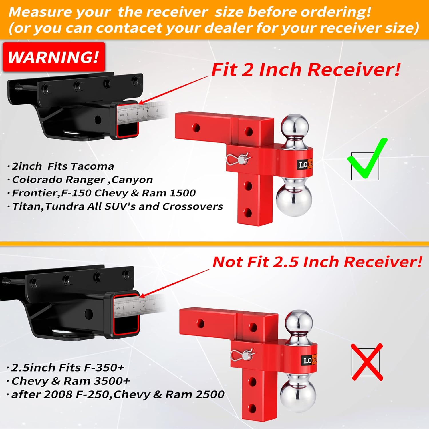 LOCAME Adjustable Trailer Hitch, Fits 2-Inch Receiver, 6-Inch Drop/Rise Aluminum Drop Hitch, Tow Hitch for Heavy Duty Truck with Double Stainless Steel Pins, Red, LC0001