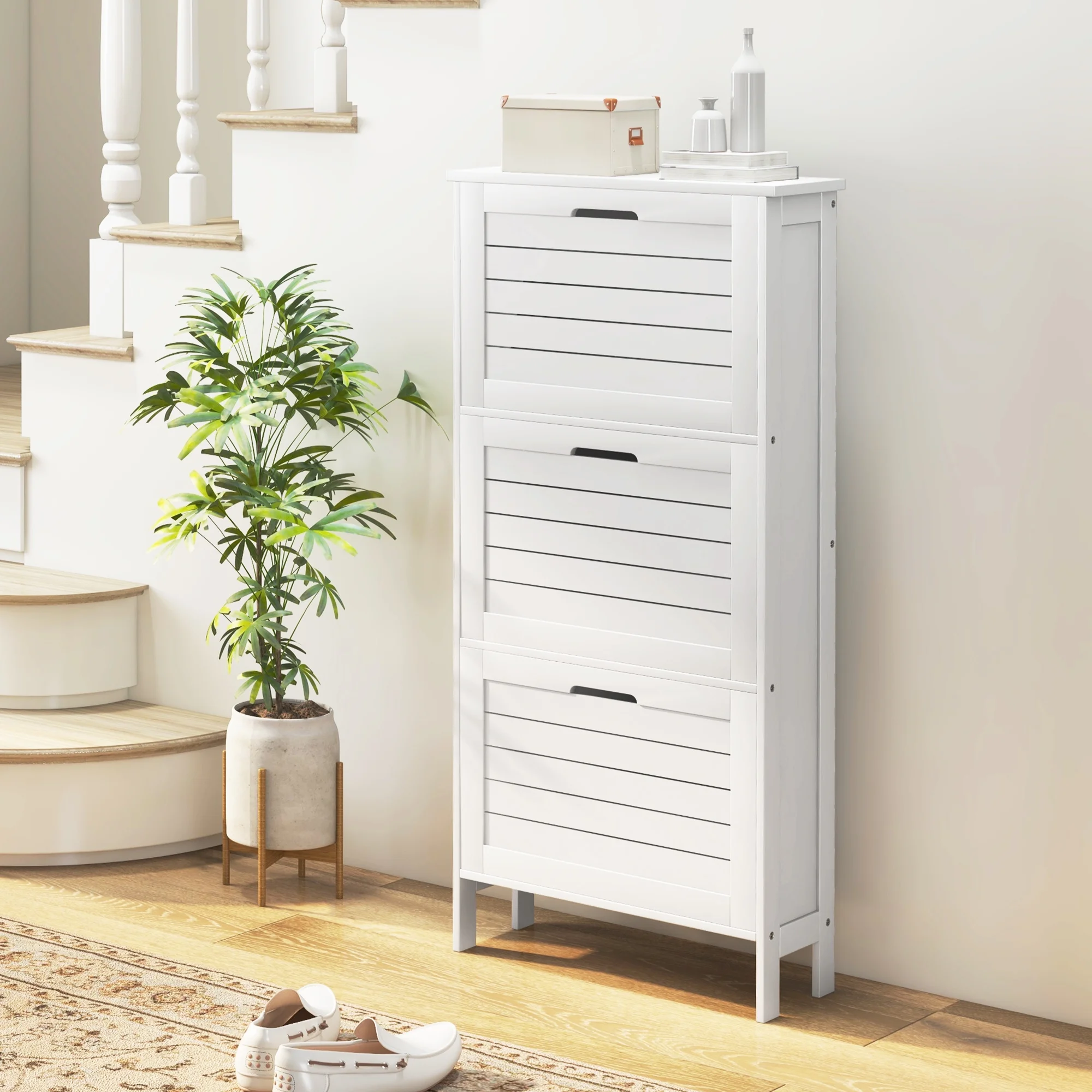 CoSoTower Narrow Shoe Storage Cabinet for Entryway with 3 Flip Drawers, Slim Shoe Rack Organizer with Louvered Doors for 6 Pairs of Shoes, White