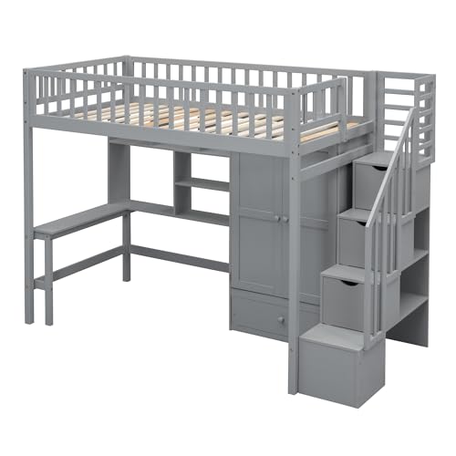 Full Size Loft Bed with Wardrobe Desk Storage Stairs, Wood Loft Bed Frame with Bookcase and Drawers, High Loft Bedframe for Kids Teens Adults, No Box Spring Needed, Espresso