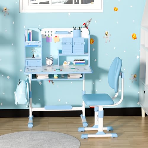 Kids Desk and Chair Set,Height Adjustable Children School Study Table and Chair Set with Sitting Corrector,Desk Chair with Book Stand, Foot Pedal, Partition Design Student Writing Table Desk