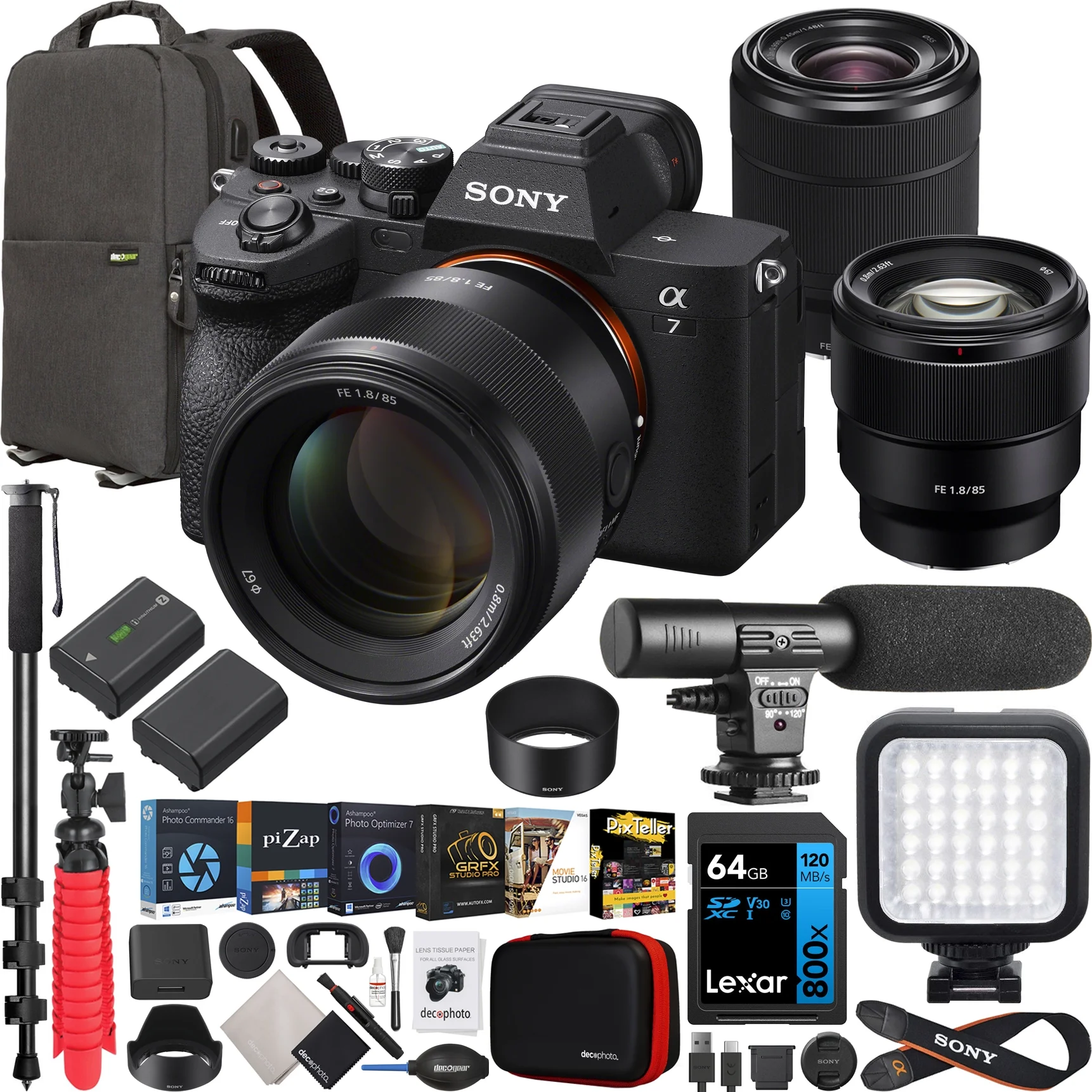 Sony a7 IV Full Frame Mirrorless Camera Body with 2 Lens Kit FE 85mm F1.8 + 28-70mm F3.5-5.6 ILCE-7M4K/B + SEL85F18 Bundle w/ Deco Gear Backpack + Monopod + Extra Battery, LED and Accessories