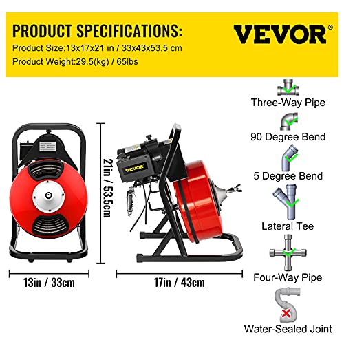VEVOR 50FTx1/2Inch Drain Cleaner Machine, Sewer Snake Electric Drain Auger Cleaner with 4 Cutter & Foot Switch for 2" to 4" Pipes