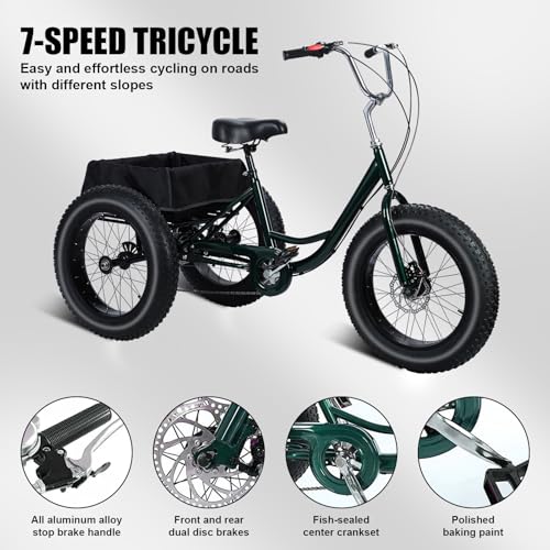 Adult Tricycles, 20 Inch 3 Wheeled Bicycles for Adult, Snow Tires Fat Tire Drift Trike with Double Disc Brake Spacious Basket, 7 Speed Cruiser Bike for Women Men Seniors Students Recreation