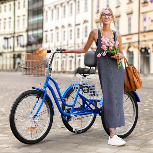 YITAHOME Adult Tricycle, 24 & 26 Inch 3-Wheel Bikes, 1 & 7 Speed Trike for Adults, Low Step-Through Cruiser Bike with Front and Rear Baskets, Large Seat with Backrest for Seniors, Women, Men