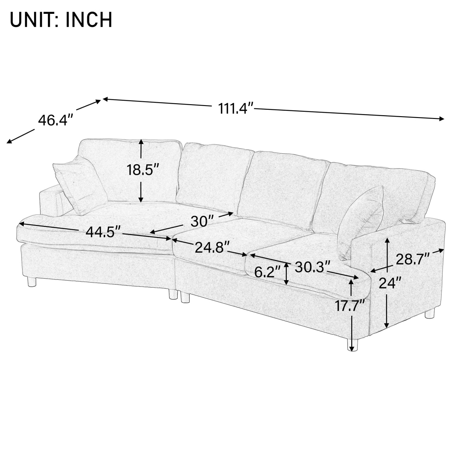 Churanty Modern 3 Seat Sectional Sofa Upholstered Curved Couch with Pillows for Living Room Apartment,Gray
