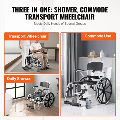 VEVOR Shower Wheelchair, 17.5in Width Aluminum Alloy Bathroom Wheelchair for Inside Shower, Adjustable Rolling Shower Chair w/Brake for Disabled Adult, 300 lbs Capacity Shower Transport Chair