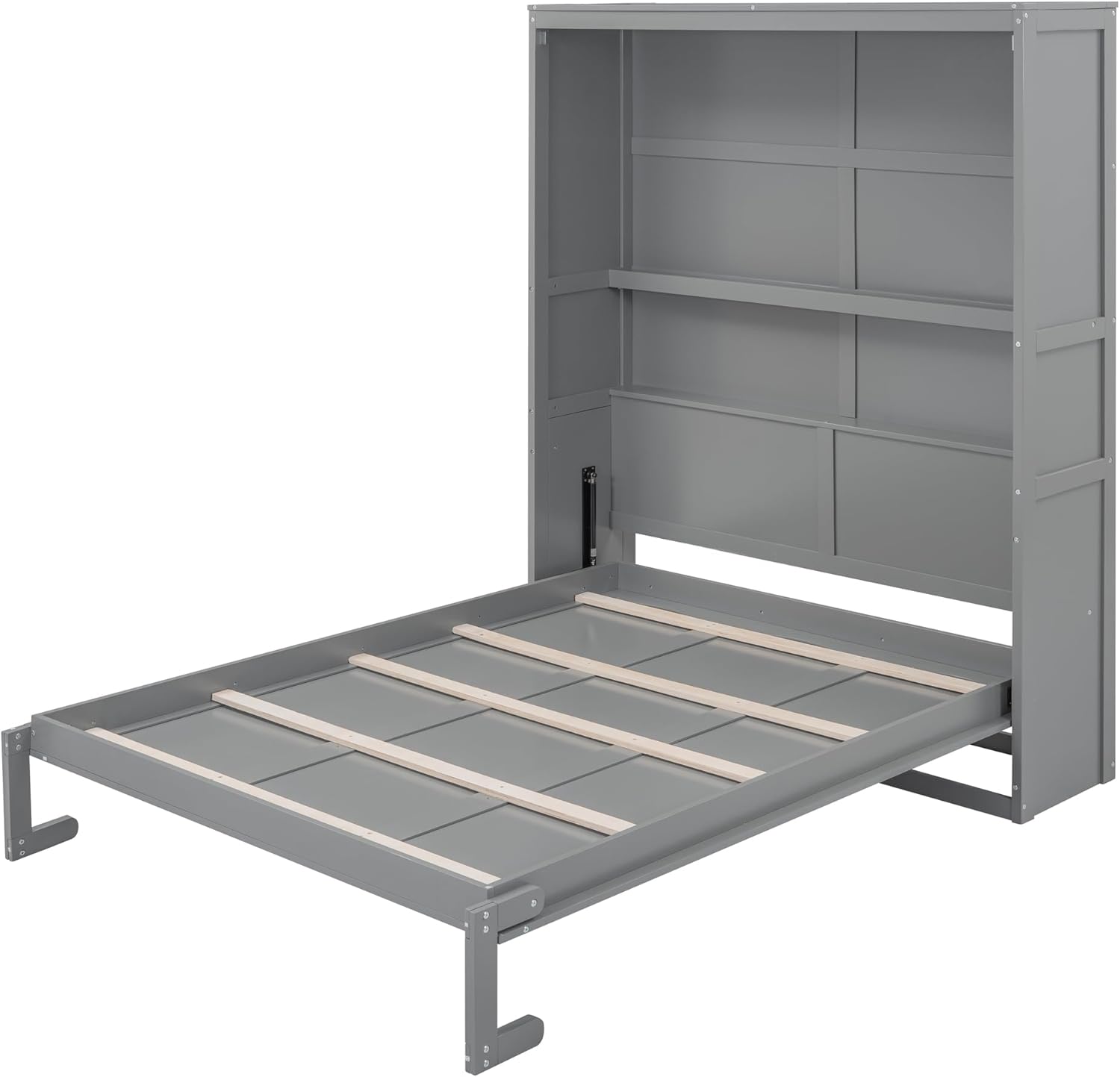 Queen Size Murphy Bed with Shelves, Murphy Wall Bed, Can be Folded into Cabinet for Apartment, Guest Room, Small Space, No Box Spring Needed, Gray+MD