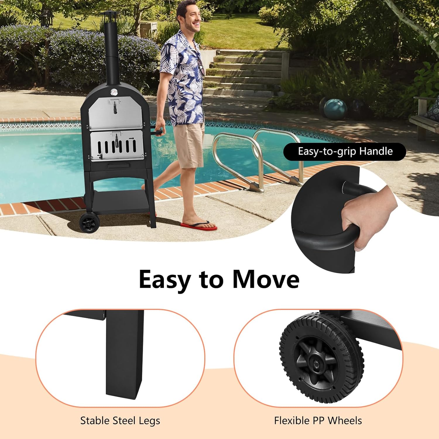 ORALNER Outdoor Pizza Oven, Wood Fired Pizza Oven Cooker with 12" Pizza Stone, Pizza Peel, Waterproof Cover, Portable Grill Pizza Maker on Wheels for Outside Backyard, Camping