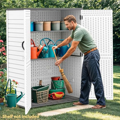 DWVO Outdoor Weather-Resistant Horizontal Storage Shed, 35 Cu Ft Capacity, Lockable and Waterproof, Suitable for Storing Garden Tools, Light Gray