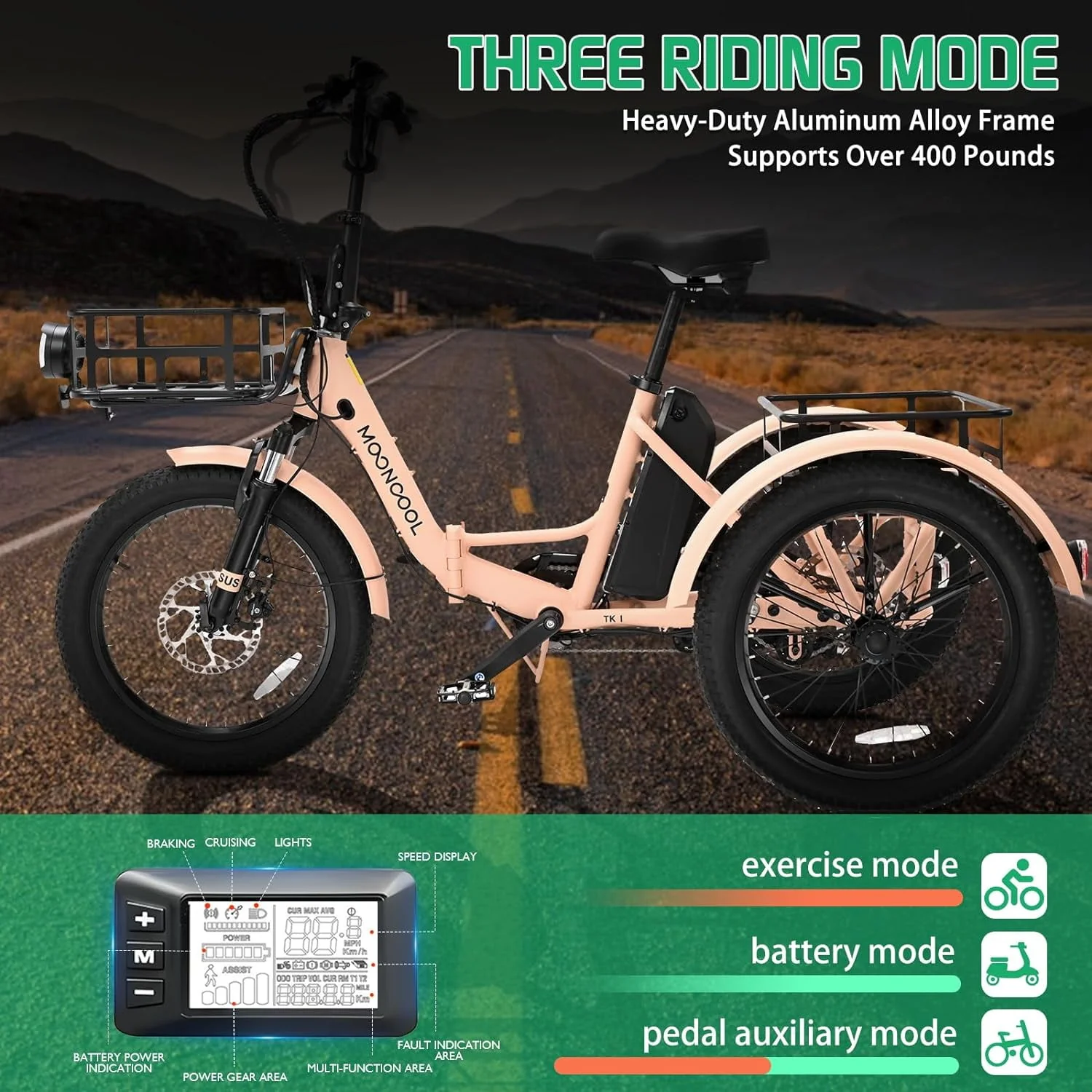 MOONCOOL 24/26 Electric Tricycle for Adults, 350W 36V 7 Speeds Electric Trike Motorized Three Wheel Electric Bikes Bicycle with Large Basket for Women Men