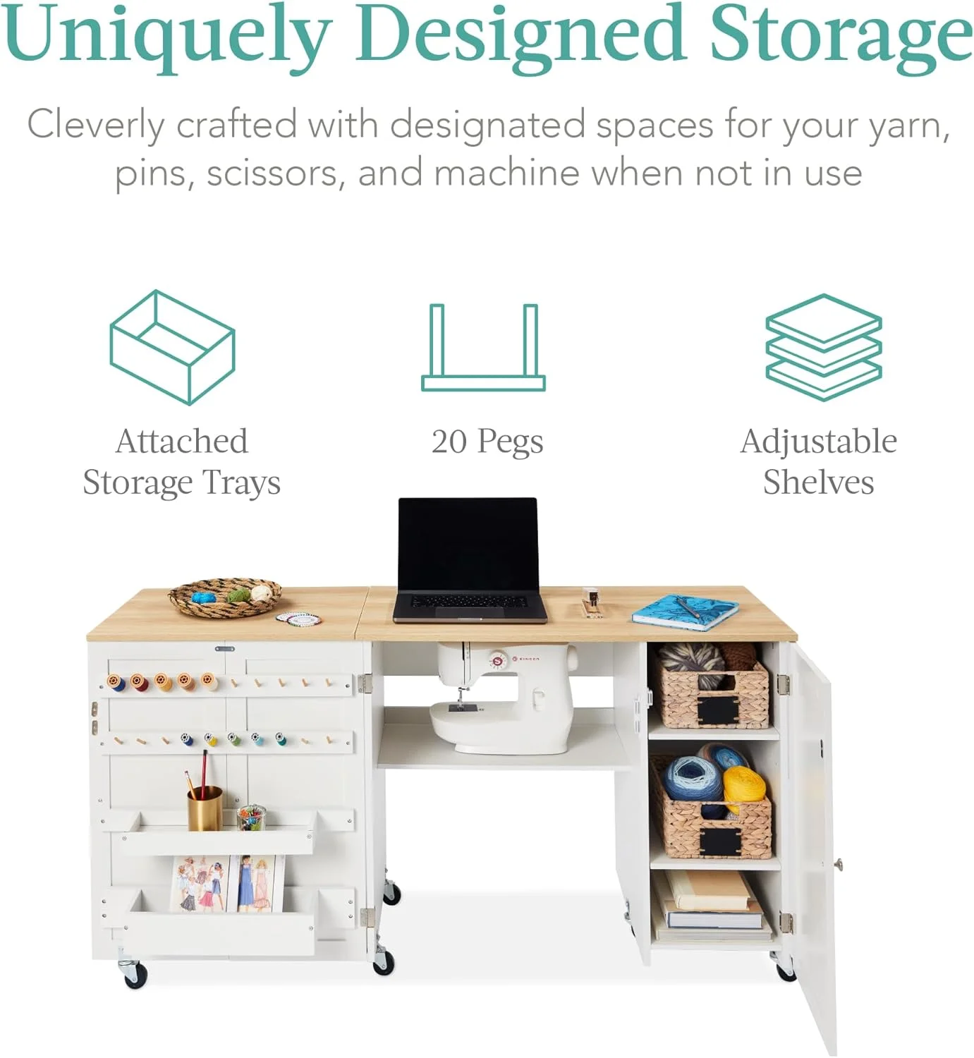 SHSHSIO Large Folding Sewing Table, Multipurpose Portable Craft Station & Side Desk w/Compact Design, Caster Wheels, Storage Shelves, 2 Storage Trays, Magnetic Doors - White