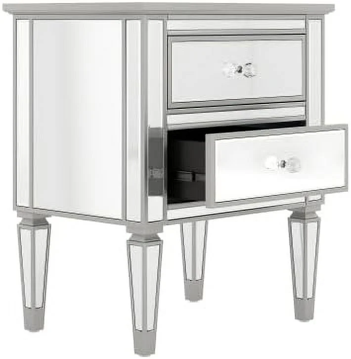 Mirrored Nightstand with 2 Drawers  Accent Side Table with Crystal Knobs  Modern End Table  Silver Finished Nightstand for Bedroom  Living Room