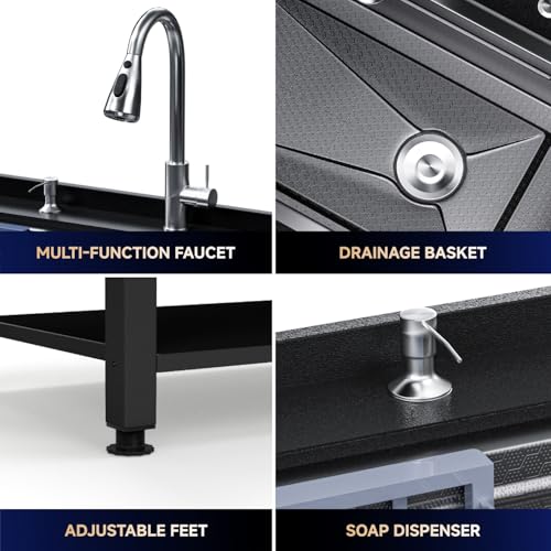 Stainless Steel Utility Sink,24" FreeStanding Laundry&Utility Room Sinks with Cold and Hot Water Faucet,Hoses and Drain Kit Commercial Single Bowl,Laundry Sink for Kitchens, Garage (24x18x36 Black)