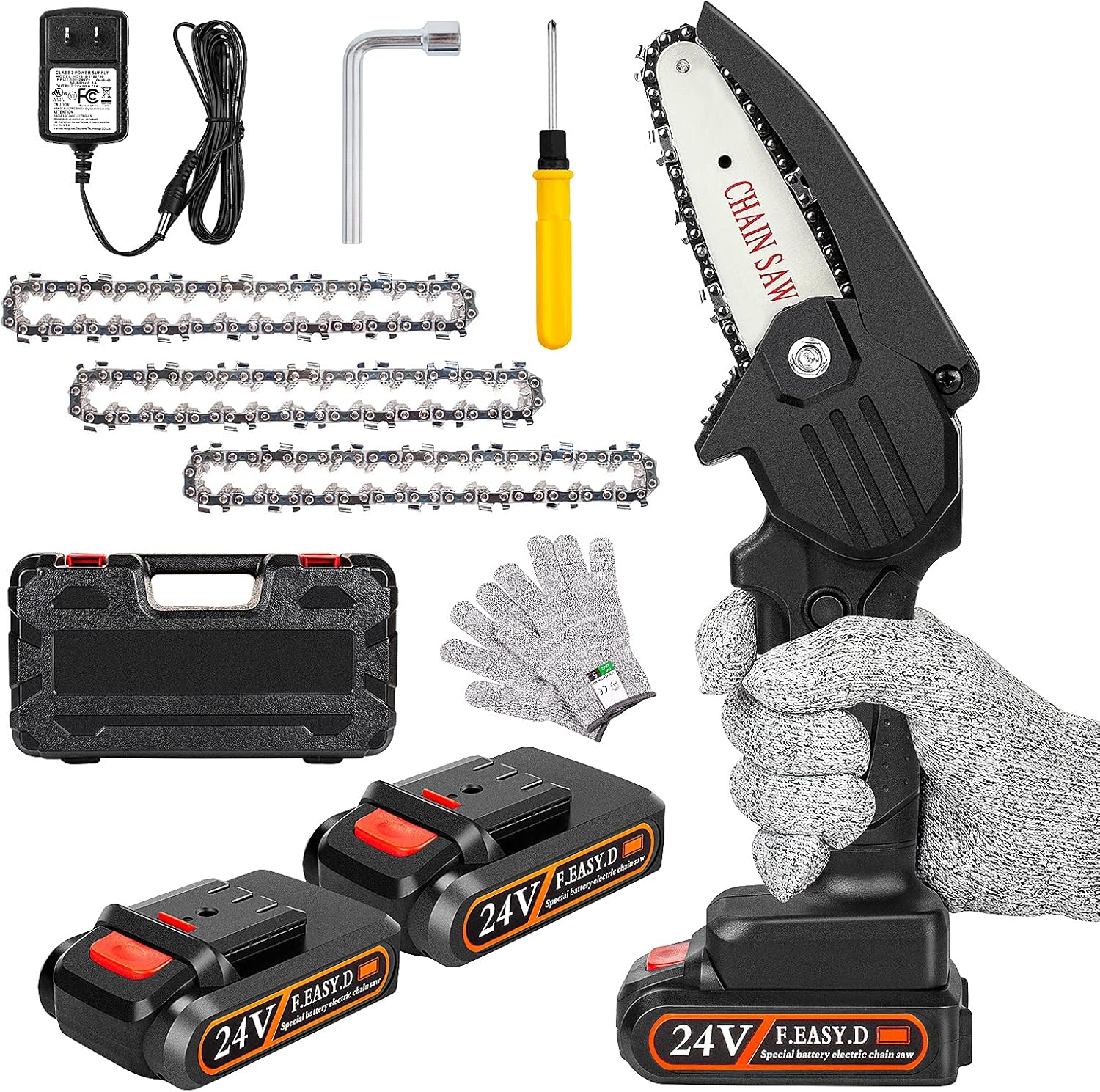 Mini Chainsaw Cordless Upgrade with 3 Chain 24V Strong Power 2 Batteries and Charger, OneLeaf Portable Handheld Battery Chainsaw , Small One-Handed for Gardening Pruning, Tree Trimming Pack of 2